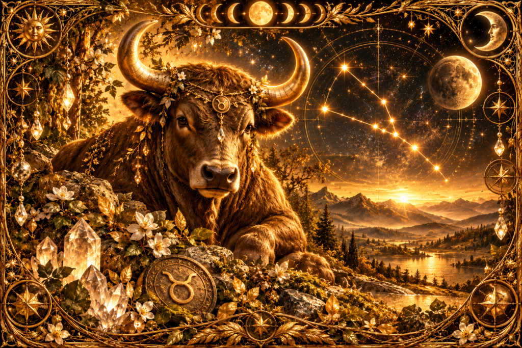 Signe du taureau Taureau majestueux aux cornes dorées dans un paysage ancien baigné d’ambre, entouré de cristaux, de fleurs, de la constellation du Taureau, de phases lunaires et d’un cadre doré du Grimoire d’Alchymia Elyanna.