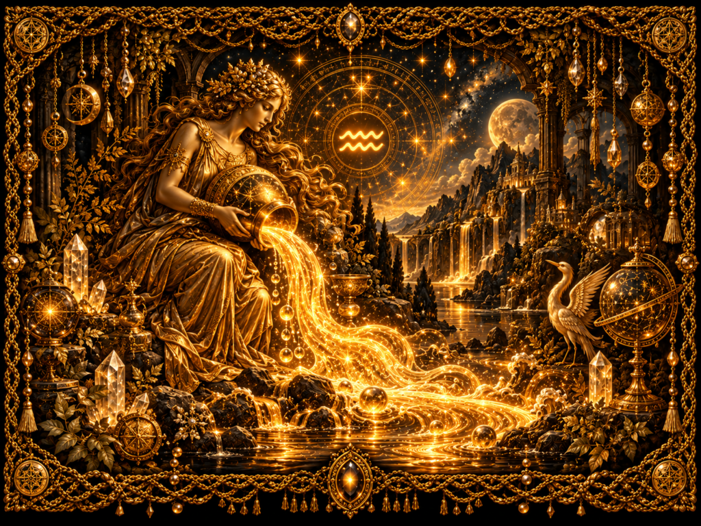 Signe du Verseau : Figure du Verseau versant une eau lumineuse dans un paysage céleste, entourée du symbole du Verseau, de cristaux, d’instruments astrologiques et d’un cadre complet en macramé tissé d’or ancien.