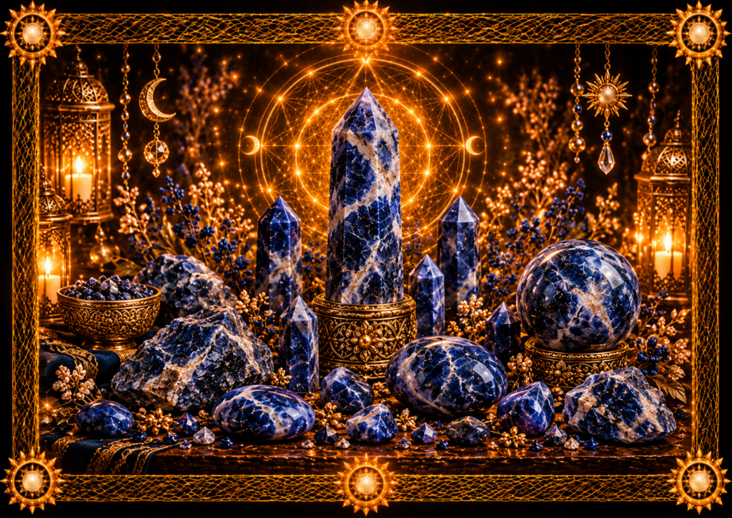 Sodalite bleu profond veinée de blanc sous différentes formes, en pointes, galets, sphères et pierres brutes, entourée de fleurs, de cristaux et d’un cadre complet en macramé doré ancien.