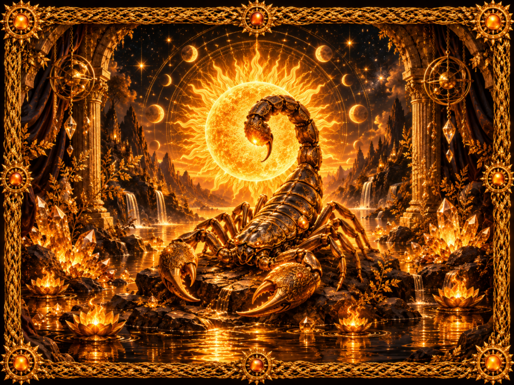 Soleil en scorpion : Scorpion doré devant un Soleil rayonnant dans un paysage mystique, entouré de phases lunaires, de cristaux et d’un cadre complet en macramé doré ancien.