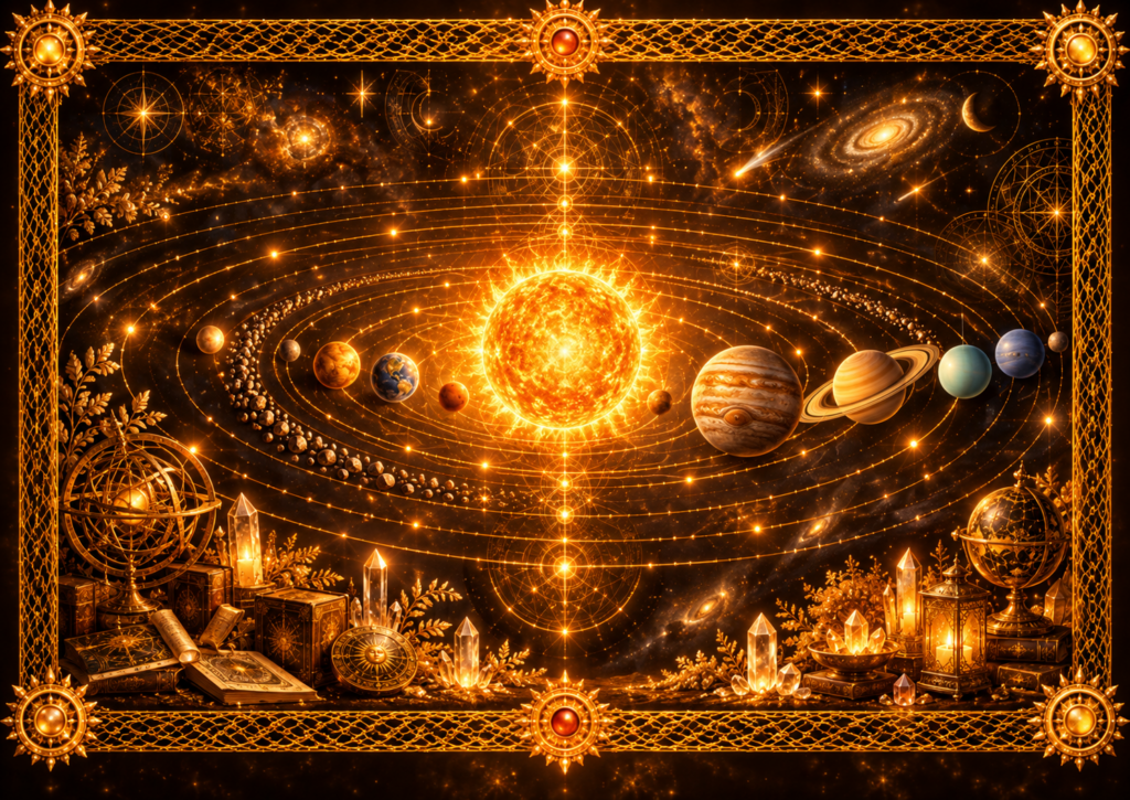 Système solaire représenté autour d’un Soleil lumineux, avec les planètes, leurs orbites, une ceinture d’astéroïdes, des cristaux et un cadre doré inspiré du Grimoire d’Alchymia Elyanna.