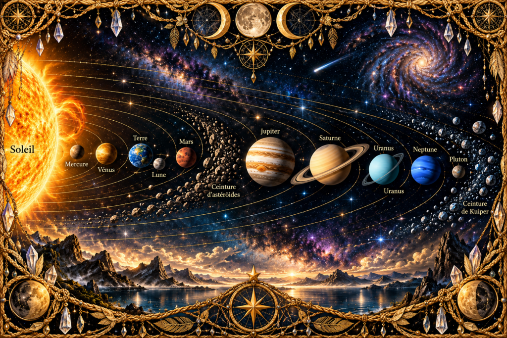 Système solaire représenté avec le Soleil, Mercure, Vénus, la Terre et la Lune, Mars, la ceinture d’astéroïdes, Jupiter, Saturne, Uranus, Neptune, Pluton et la ceinture de Kuiper, dans un ciel profond encadré de macramé doré.