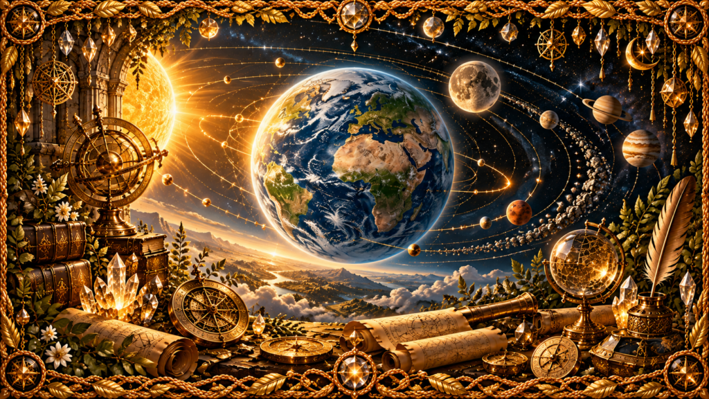 Planète Terre représentée depuis l’espace avec ses océans, continents et nuages, entourée de la Lune, du Soleil, de plusieurs planètes, d’orbites dorées et d’un cadre tissé lumineux.