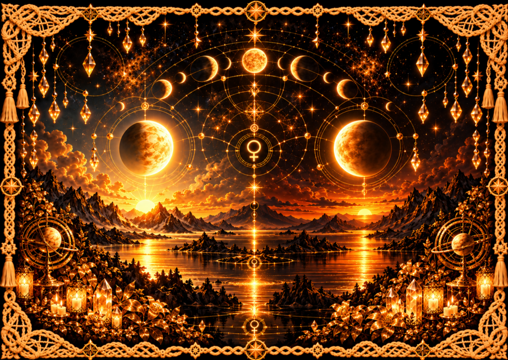 Vénus du matin et Vénus du soir dans un autel céleste doré ancien, entre l’aube et le crépuscule, dans un univers de grimoire lumineux.